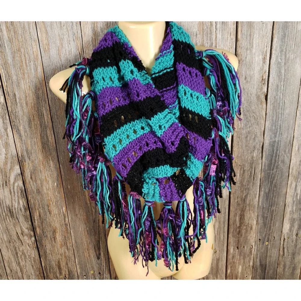 NEW Hand Knitted Purple Black Green Boho Cowl‎ Scarf Indie Festival Art Whimsy